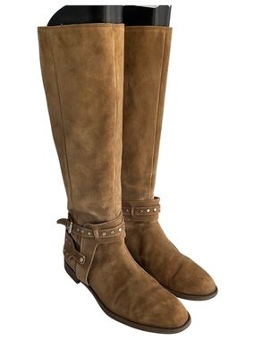 Nine West Luciana Tan Suede Studded Ankle Straps Riding Boots Women’s Size 6.5M